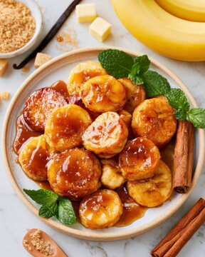 Caramelized Banana Slices with Brown Sugar Cinnamon and Mint Sweet Dessert