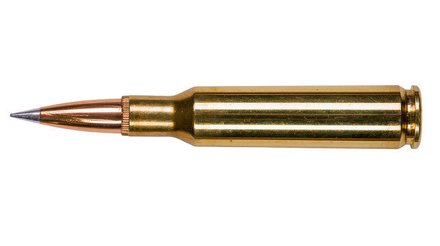 Golden brass bullet cartridge with pointed copper projectile, isolated on transparent background
