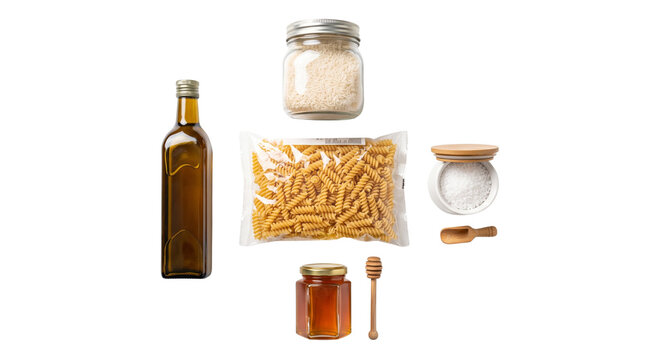 Pantry staples and dry food ingredients on white background, olive oil and pasta in glass jars, organic kitchen supplies for healthy cooking
