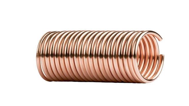 Shiny copper coil pipe, isolated on transparent background