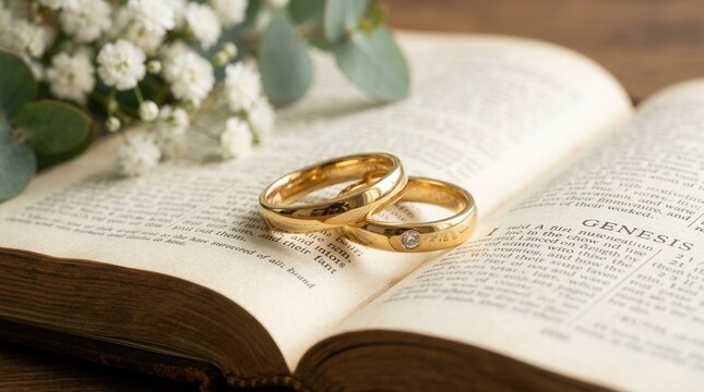 Wedding rings resting on an open Bible to remind us that a marriage rooted in faith can weather any storm.