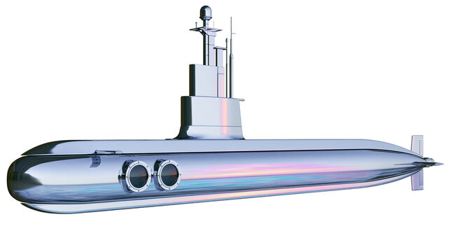 Shiny chrome submarine with periscope and antennas, isolated on transparent background