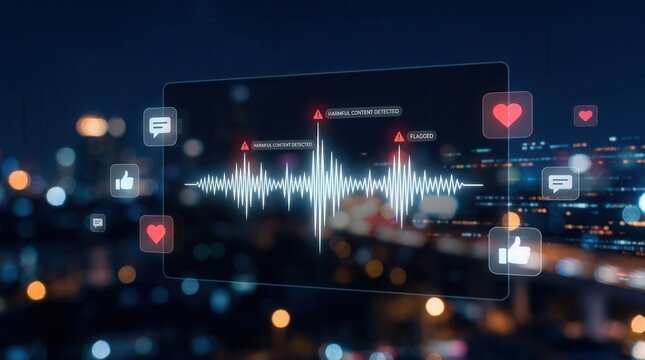 A smart audio moderation tool featuring realtime harmful speech detection and blurred social media interaction icons to represent an online community.