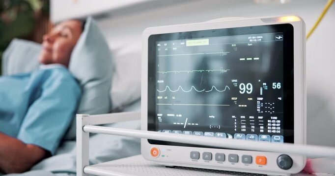 Monitor, screen or patient with vital signs in ICU for healthcare, treatment or recovery in hospital. Female person, lying and bed with ECG display or machine for cardiology or medical emergency
