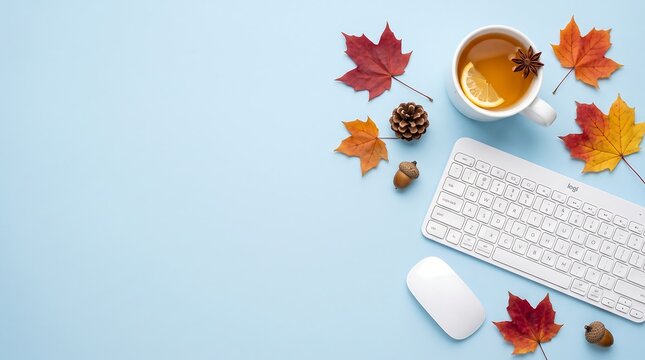 Autumn fall season bright desk setup with white keyboard mouse and tea on blue background keyboard workspace technology business marketing education corporate overhead background