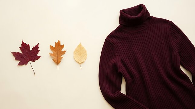 Autumn fall season cozy dark purple knit turtleneck sweater with seasonal leaves background turtleneck clothing seasonal aesthetic background backdrop lifestyle november background