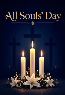 Beautiful all souls day tribute with three lit candles lilies and crosses in background