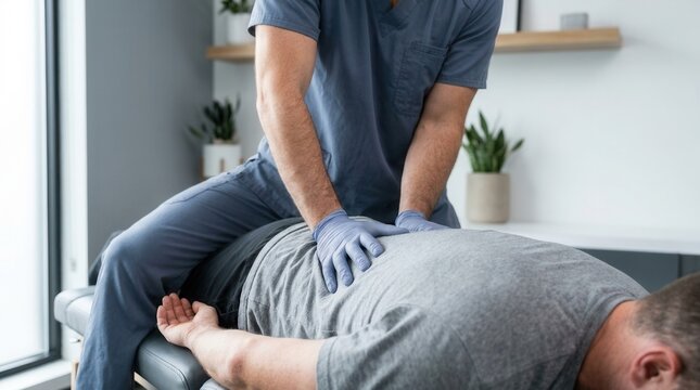 In a modern clinic, a chiropractor uses a drop table to provide quick gentle spinal realignments.