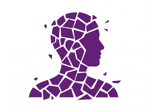 Purple shattered human head silhouette, broken profile of a man, conceptual mental health and psychology illustration on white