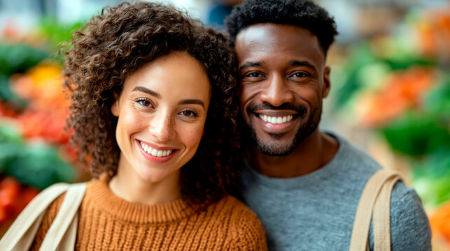 Smiling multicultural couple shopping for fresh vegetables at local market enjoying healthy lifestyle and sustainable grocery choices