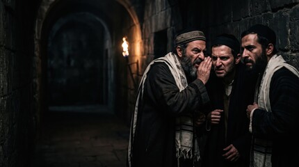 Obraz premium Three jewish men in ancient clothes whispering in a dark stone hallway. One man sharing a secret to his friends. Biblical scene depicting conspiracy, hidden plot and ancient historical life.