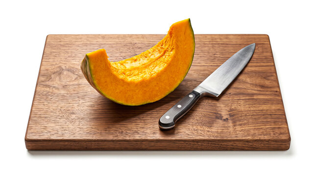 A slice of fresh pumpkin and a kitchen knife on a wooden cutting board isolated on white background