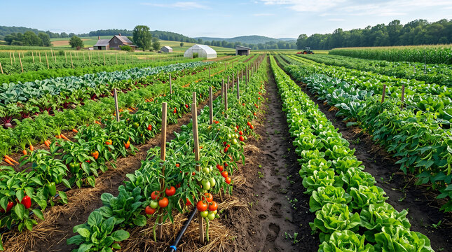 lush organic vegetable garden with neat rows of tomatoes, carrots, lettuce, and cabbage on a sunny farm fields