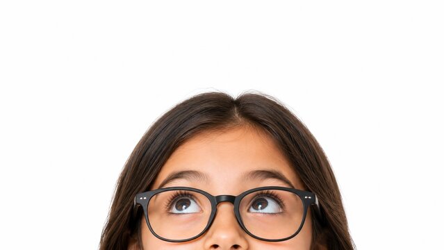 Demi-visage d'une petite fille portant des lunettes de vue et regardant vers le haut. Concept de test de vision, opticien, oculiste et grand espace pour le texte sur fond blanc