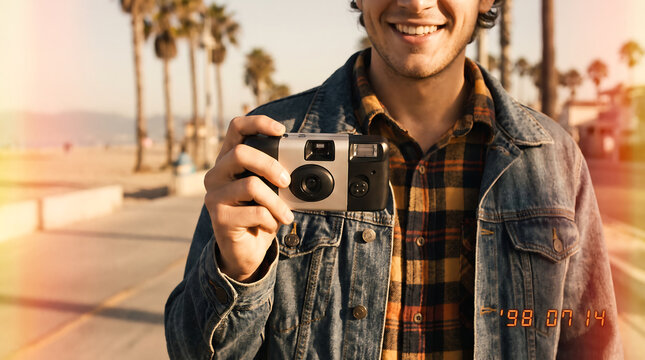 Smiling man in denim jacket holding vintage film camera on sunny beach boardwalk