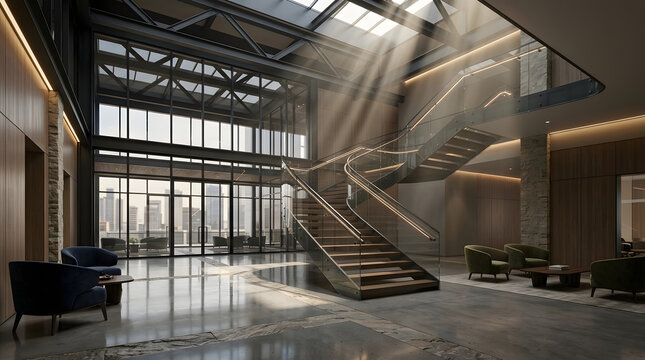 Sunlit grand modern atrium lobby featuring architectural staircase, interior des