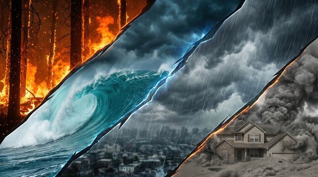 A conceptual collage conveying the intensity and frequency of natural disasters linked to climate change through extreme weather events like hurricanes, floods, and wildfires.