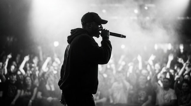 The commanding presence and raw unbridled passion of an artist on stage at a rap concert, with the background showing a blurry sea of bodies writhing to the beat.