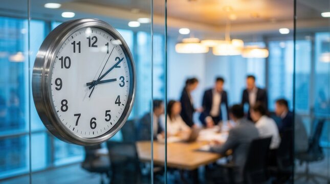 Focused employees collaborating on projects in a bustling office meeting room featuring a large clock on a glass wall showing half past two.