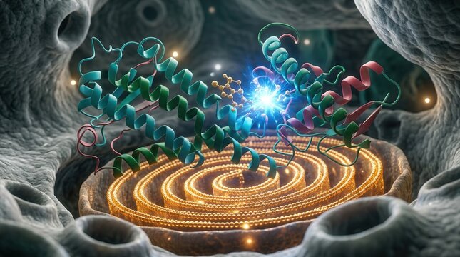 Mitochondrion cross-section and TDP-43 protein ribbon with a small-molecule inhibitor docking at the M1 sequence region in a detailed cell-biology render.