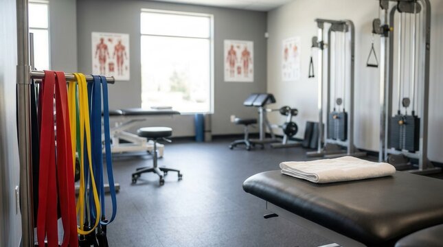 Physiotherapy tools and dynamic exercise apparatus in a sports injury rehab gym with background treatment area