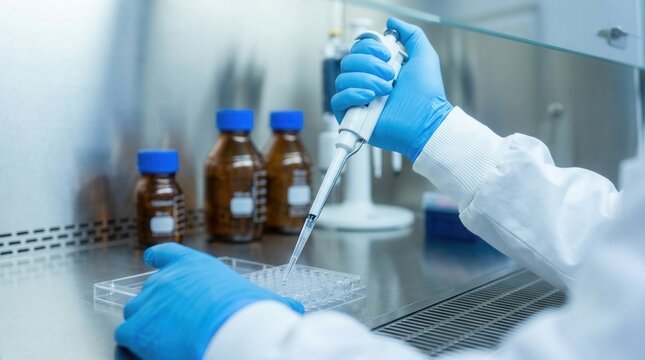 Inside a biosafety level 2 laminar flow hood, a medium shot capturing precise pipetting action with focused gloved fingers.
