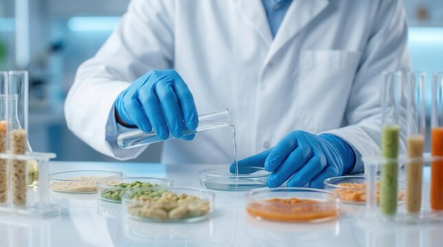 A scientific approach to food preservation and formulation with a food scientist's hands mixing experimental food samples.
