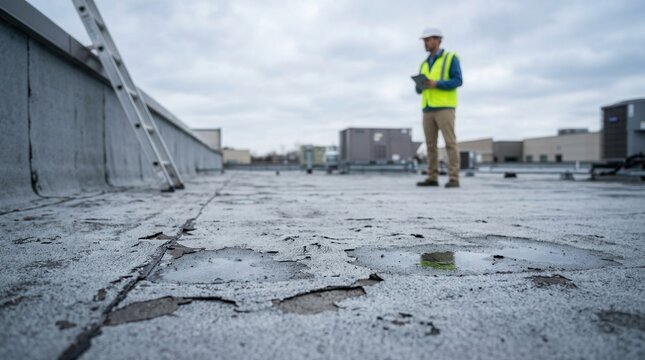 A flat commercial roof with deteriorated membrane surface while an adjuster assesses hail damage.
