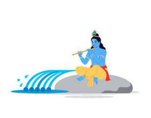 Obraz premium Hindu deity playing traditional flute while sitting on river rock with flowing water stream creating peaceful atmosphere for worshiping devotees during festival celebration of spiritual ancient