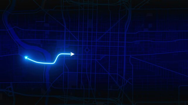 Indianapolis Indiana USA GPS Navigation Route Animation on Dark City Map with Glowing Blue Travel Path, 4K