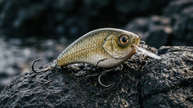 Realistic fishing lure resting on wet dark rocks near water surface