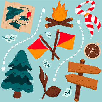A set of illustrations themed around scouting and outdoor adventure activities, featuring a cheerful and colorful flat vector style. The collection icons scout.