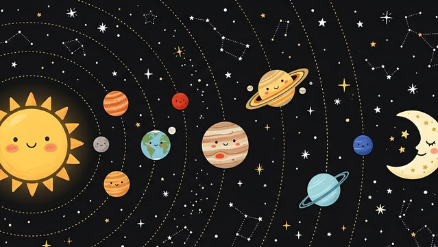 Smiling Solar System | Cute Space Cartoon Wallpaper
