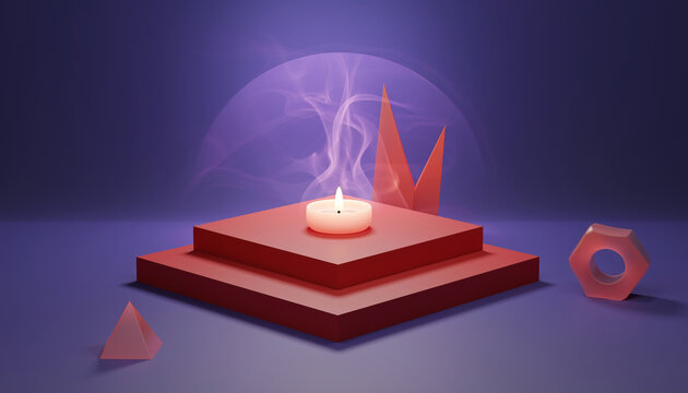 Candle burning on a geometric platform with abstract shapes and purple background.