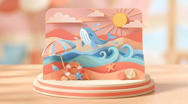 Layered paper craft scene of a beach with whale sun and umbrella