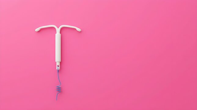 Copper intrauterine device iud contraceptive on pink background with copper