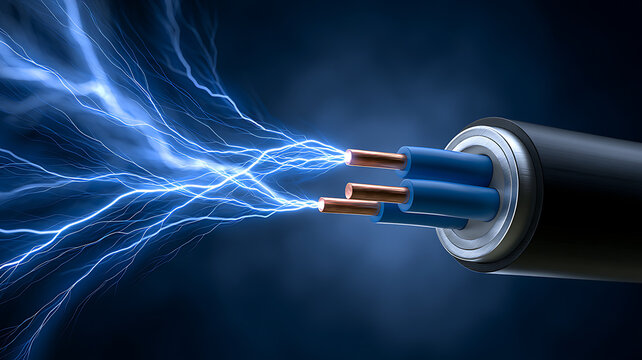Electric cable with three copper wires emitting bright blue electrical sparks and lightning bolts on a dark background