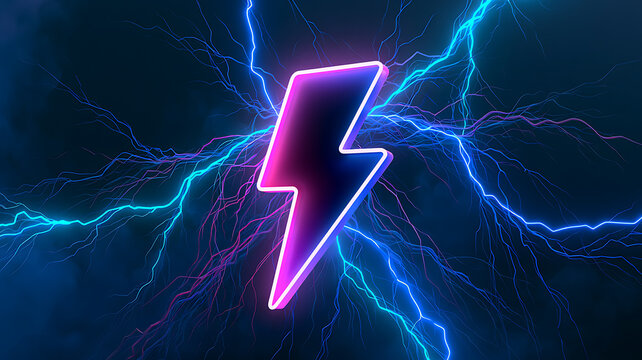 3d render of a glowing neon lightning bolt symbol surrounded by electric blue energy discharges on a dark background