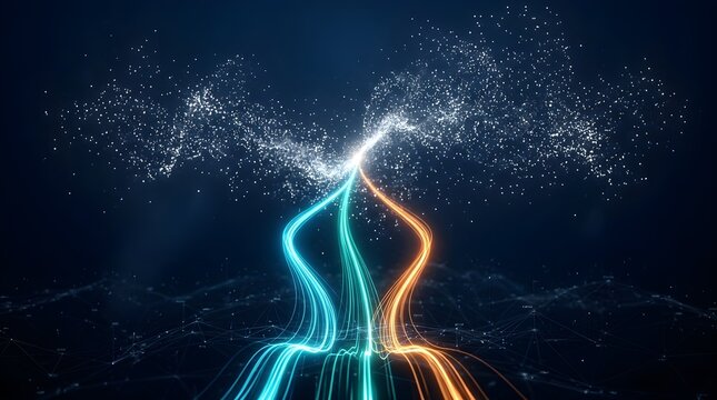 Data stream integration represented by glowing blue and orange light trails