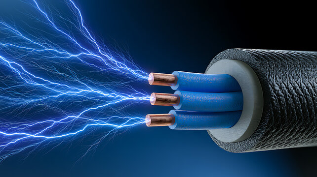 Closeup of a threecore electrical cable with exposed copper wires emitting electric sparks and lightning bolts on a dark blue background