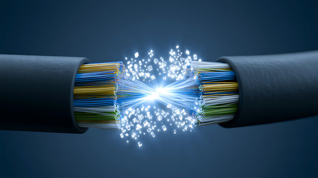 Fiber optic cable with glowing data icons representing high speed internet connection and digital information transfer