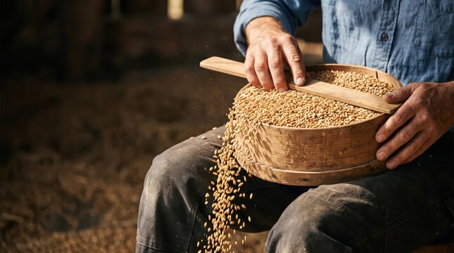 Man farmer sifting wheat grain using wooden sieve. Agriculture worker cleaning organic cereal crop harvest. Traditional farming method, biblical parable concept of winnowing and faith.