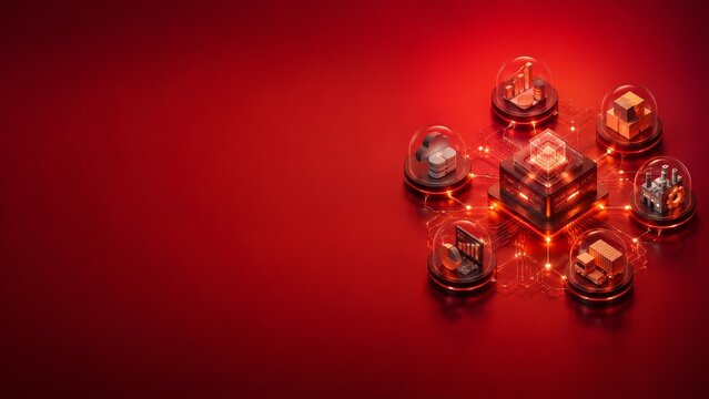 Futuristic business dashboard visualization with data analytics and cloud erp elements on a red background