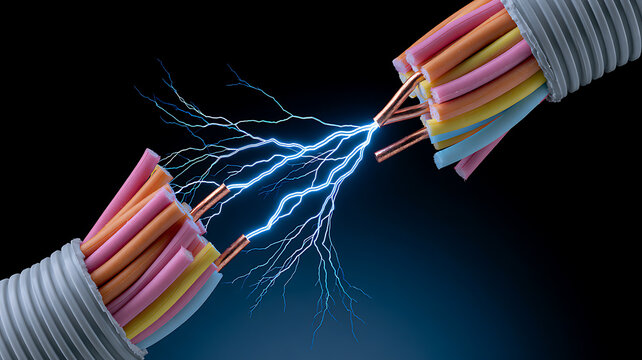 High voltage electrical discharge between two stripped copper wire cables against a dark background