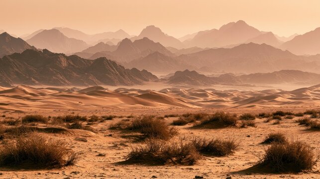 Vast desert landscape with rolling sand dunes and distant mountains