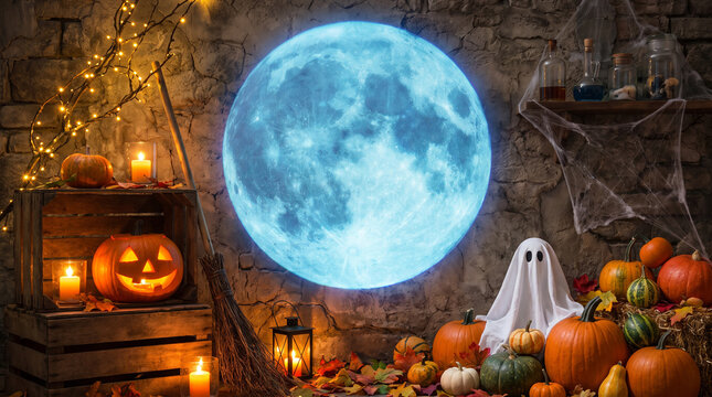 Halloween scene with illuminated pumpkins a full moon and a draped ghost against a stone wall backdrop october autumn fall