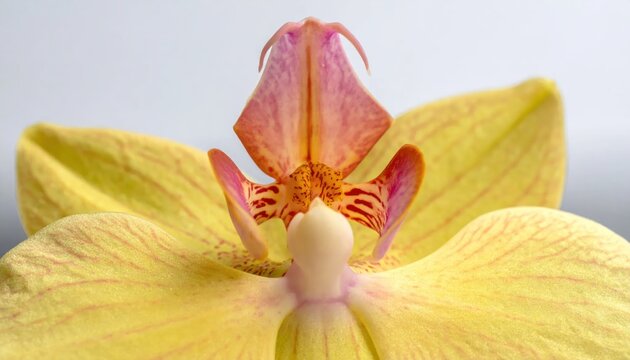 Close-up Macro View of a Vibrant Yellow Orchid Flowers Intricate Center.