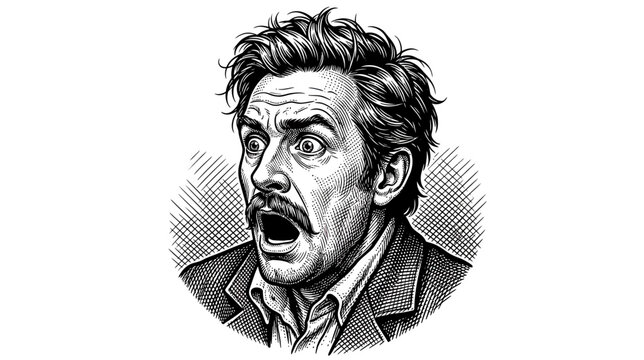 Man's shocked face, vintage engraving style, isolated