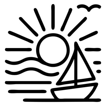 Logo agencia de viajes. Vacaciones de verano. Icono con dibujo sencillo con l&iacute;neas de un paisaje con rayos de sol, un barco de vela, un p&aacute;jaro volando y olas de mar