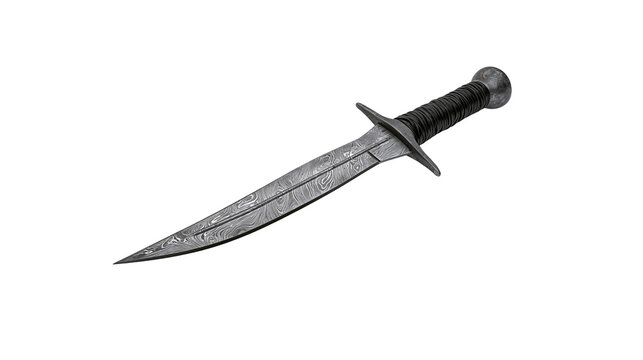 Damascus steel dagger with black leather wrapped handle, isolated on transparent background